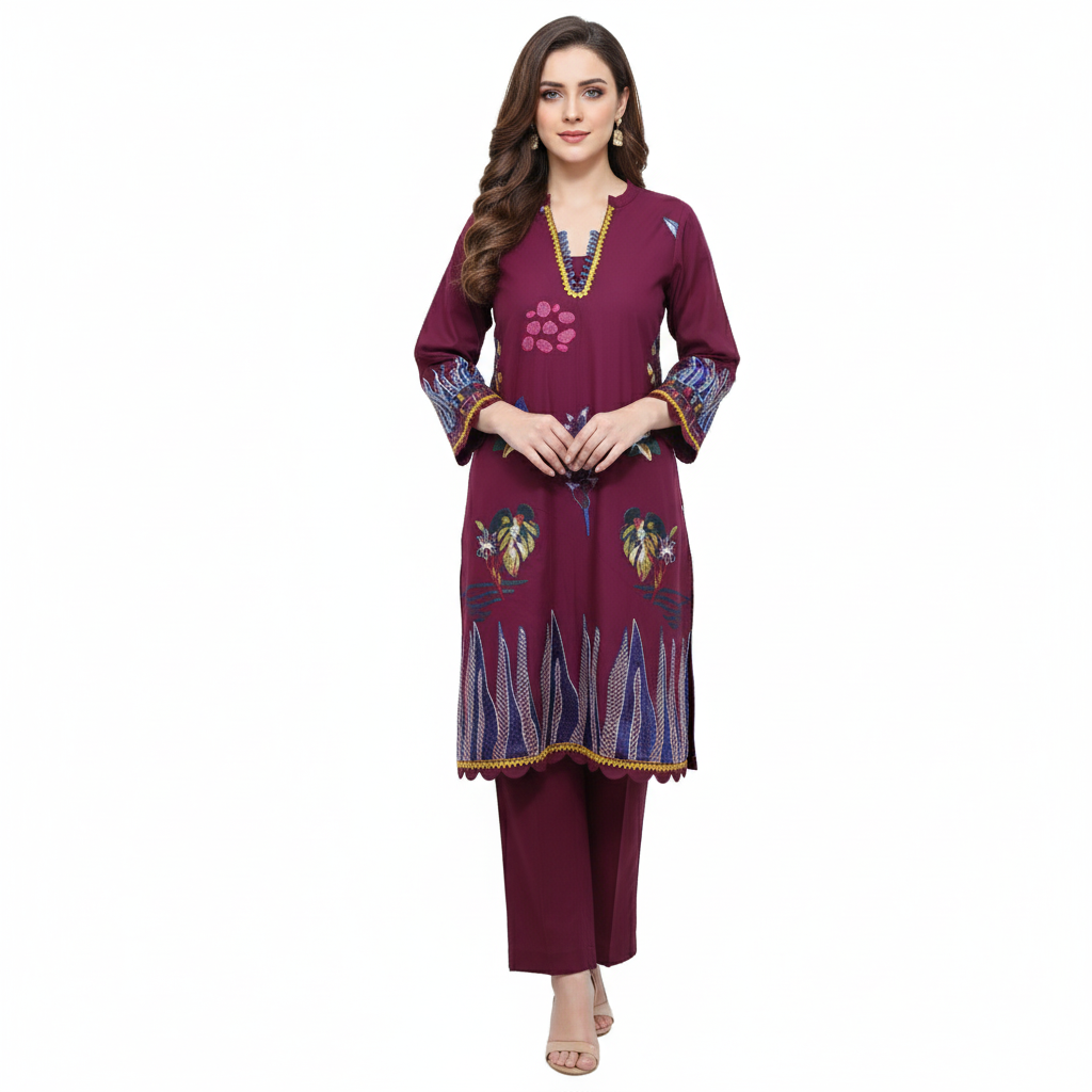 Ladies 2 Pc Embroided Maroon Pret Wear