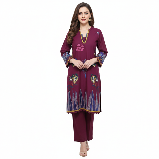 Ladies 2 Pc Embroided Maroon Pret Wear