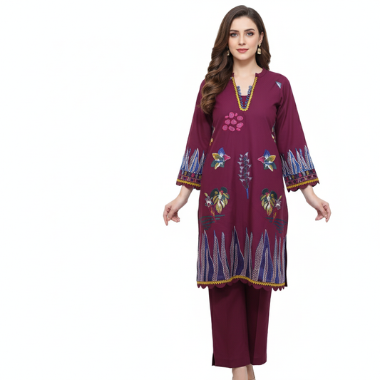 Ladies 2 Pc Embroided Maroon Pret Wear