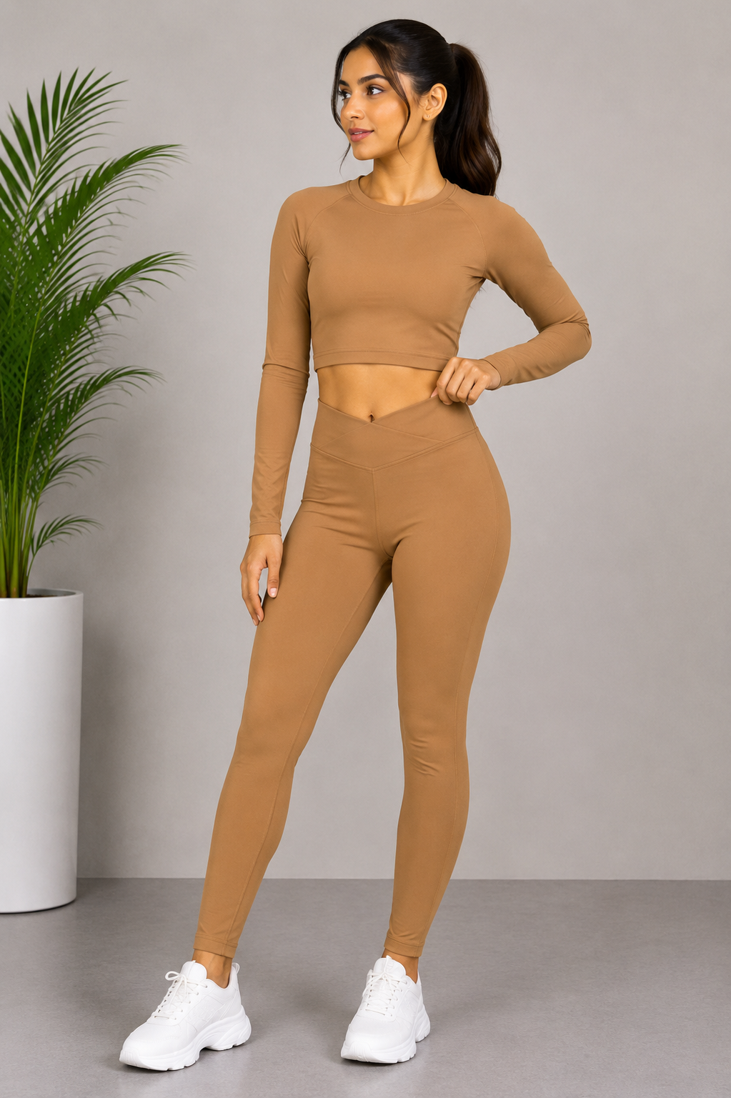 Cross Belt Performance Leggings - Coffee Brown